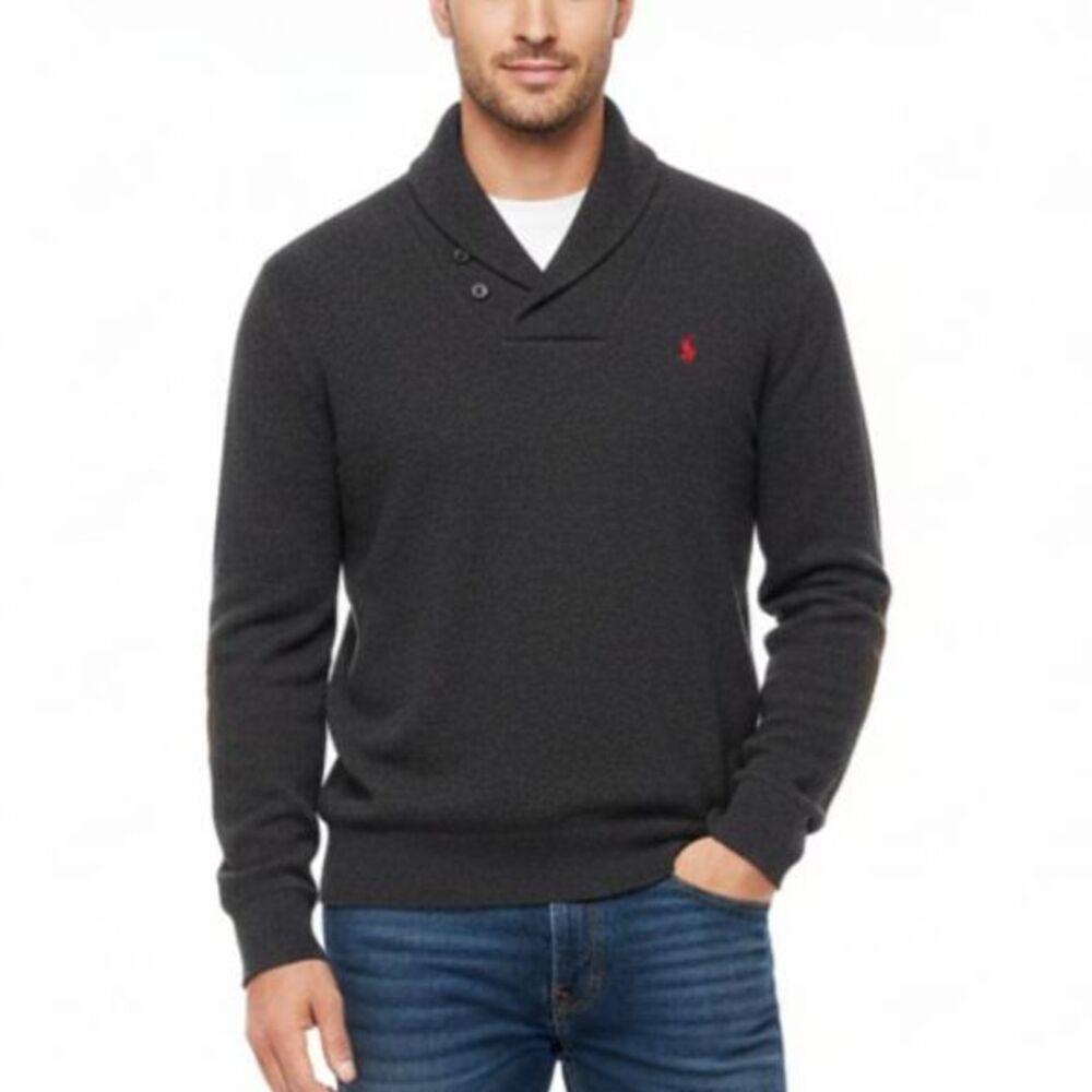 Polo Ralph Lauren Men's Charcoal Gray Shawl Collar Elbow Pads Sweater Size XL